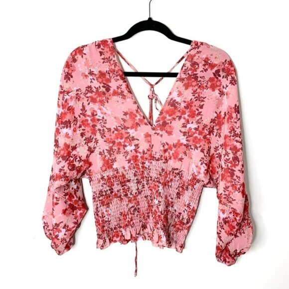 Revolve Wayf Women's Blouse Floral Print Smocked Waist Top Pink Red V-neck - Picture 10 of 13